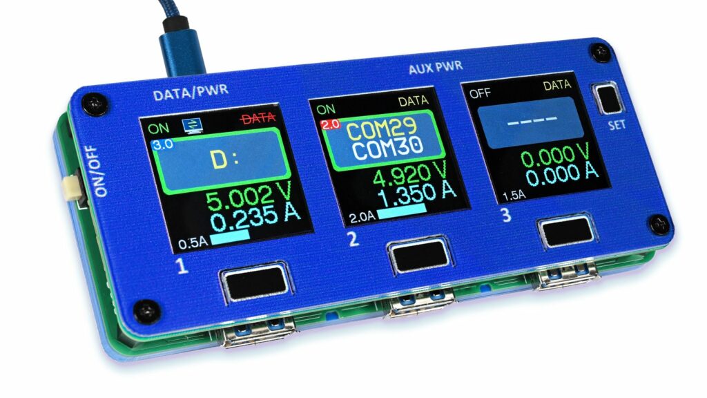 USB Insight Hub: 3-Port USB 3.0 Hub with Microchip PA1943, ESP32-S2, and Renesas uPD720210